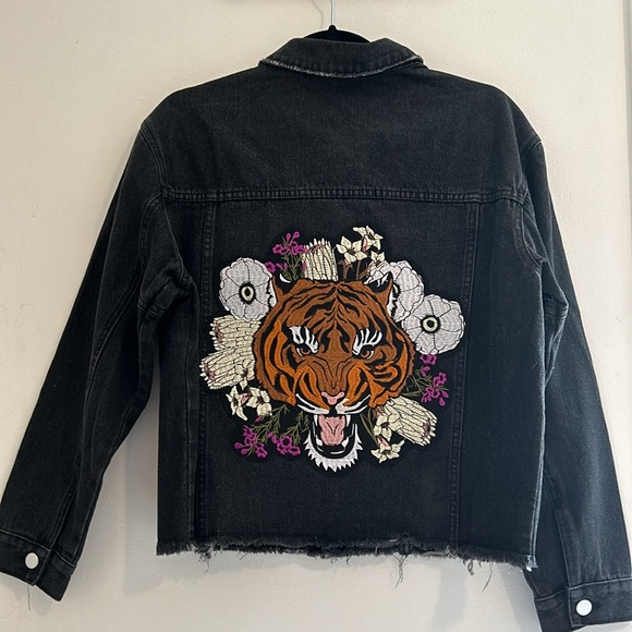 Black raw edged denim jacket with tiger detail on back - Picture 1 of 5